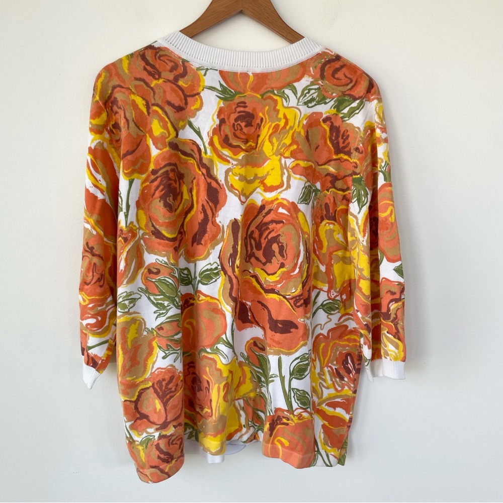 Bob Mackie Wearable Art Floral Orange Yellow Cardigan Sweater 1X Cotton Blend - Picture 4 of 6
